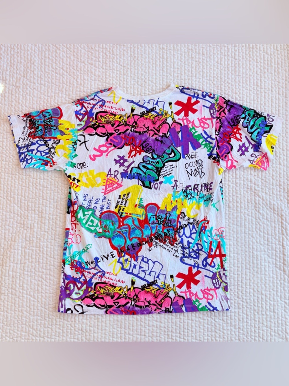 Multicolor Graphic Graffiti Mesh Lace Crewneck Urban Street T-shirt Top Women M - Picture 8 of 10